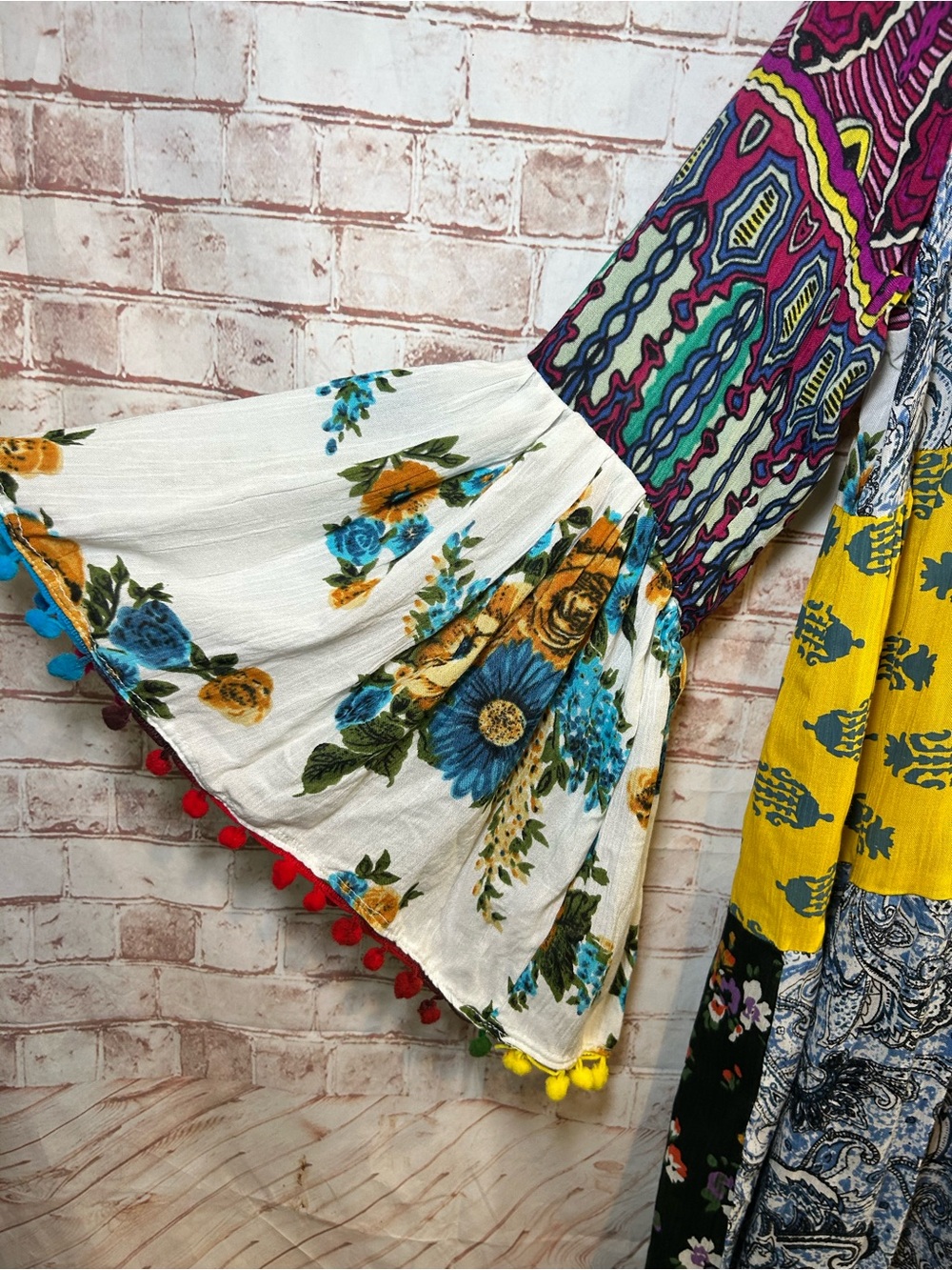 Boho Chic Patchwork Tunic Mini Dress Multicolor Floral Paisley Pom Trim Large - Picture 5 of 7